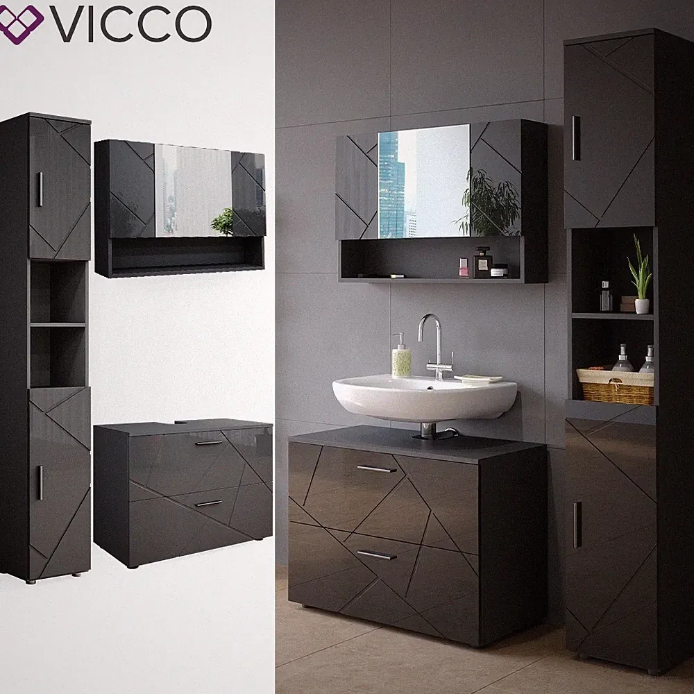 Badmöbelset Irma Anthrazit Hochglanz modern 80 cm 30 cm Badezimmerschrank Vicco