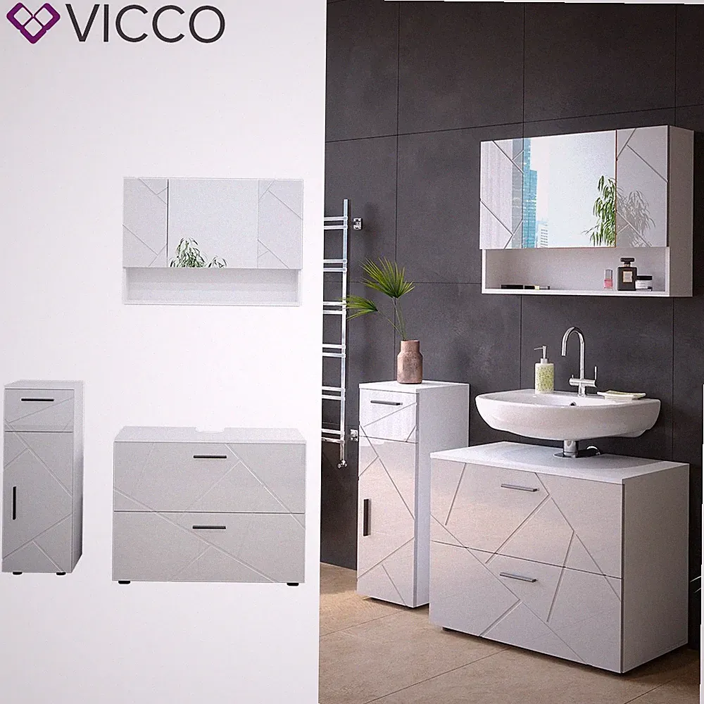 Badmöbelset Irma Weiß Hochglanz modern 80 cm 30 cm Badezimmerschrank Vicco