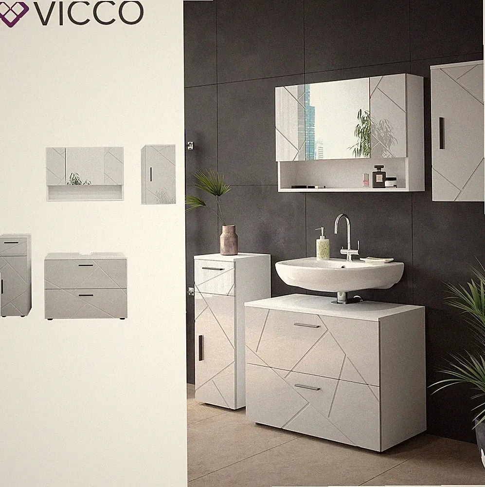 Badmöbelset Irma Weiß Hochglanz modern 80 cm 30 cm Badezimmerschrank Vicco
