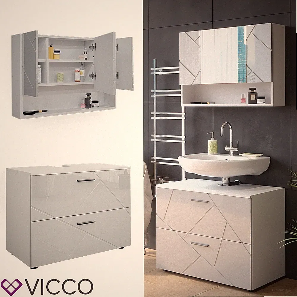 Badmöbelset Irma Weiß Hochglanz modern 80 cm Badezimmerschrank Badschrank Vicco