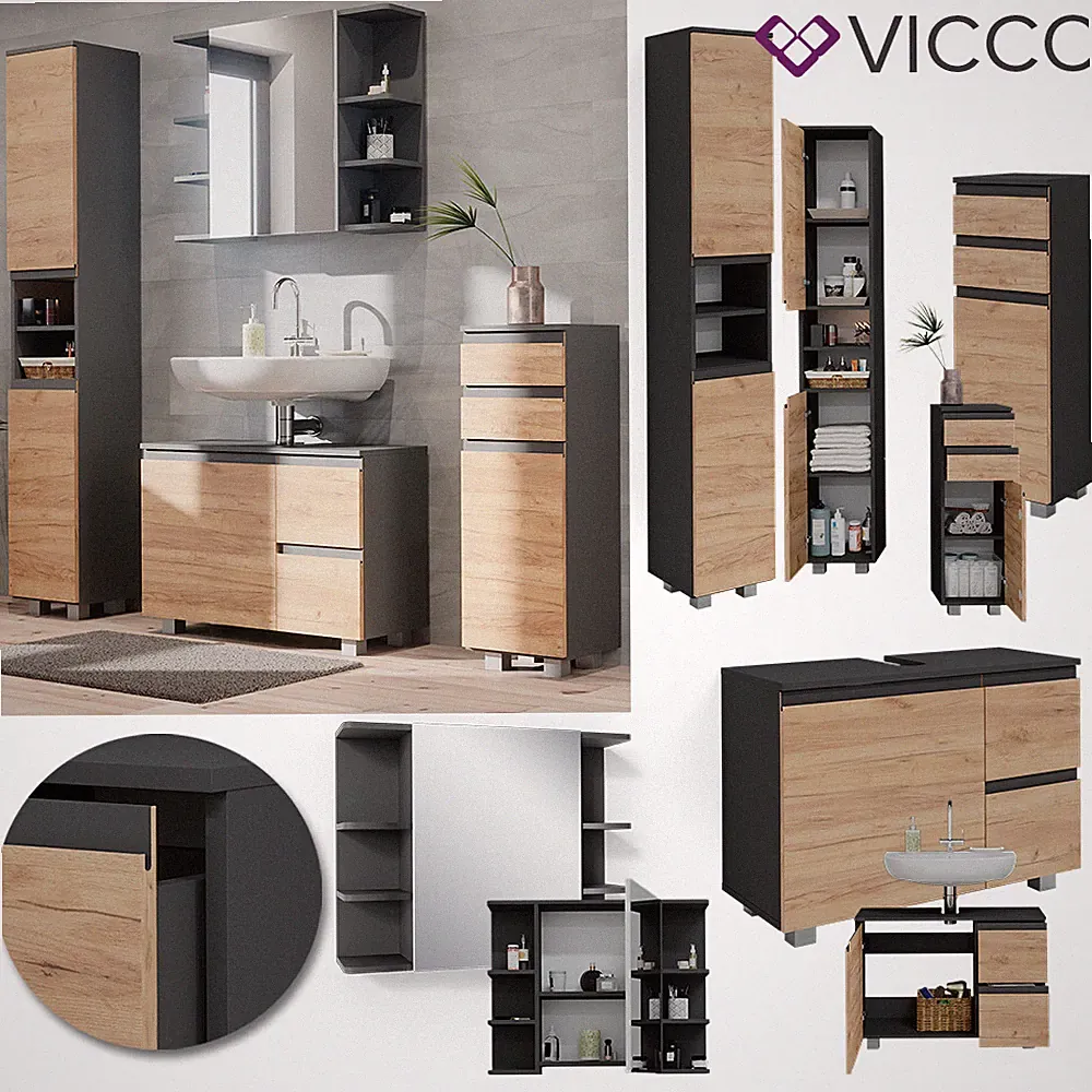 Badmöbelset J-shape Anthrazit Eiche modern Badezimmer Schrank Badschrank Vicco