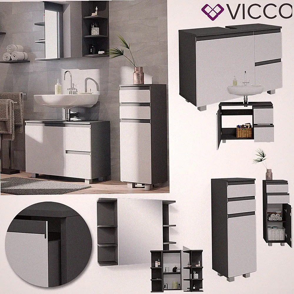 Badmöbelset J-shape Anthrazit Weiß modern Badezimmer Schrank Badschrank Vicco