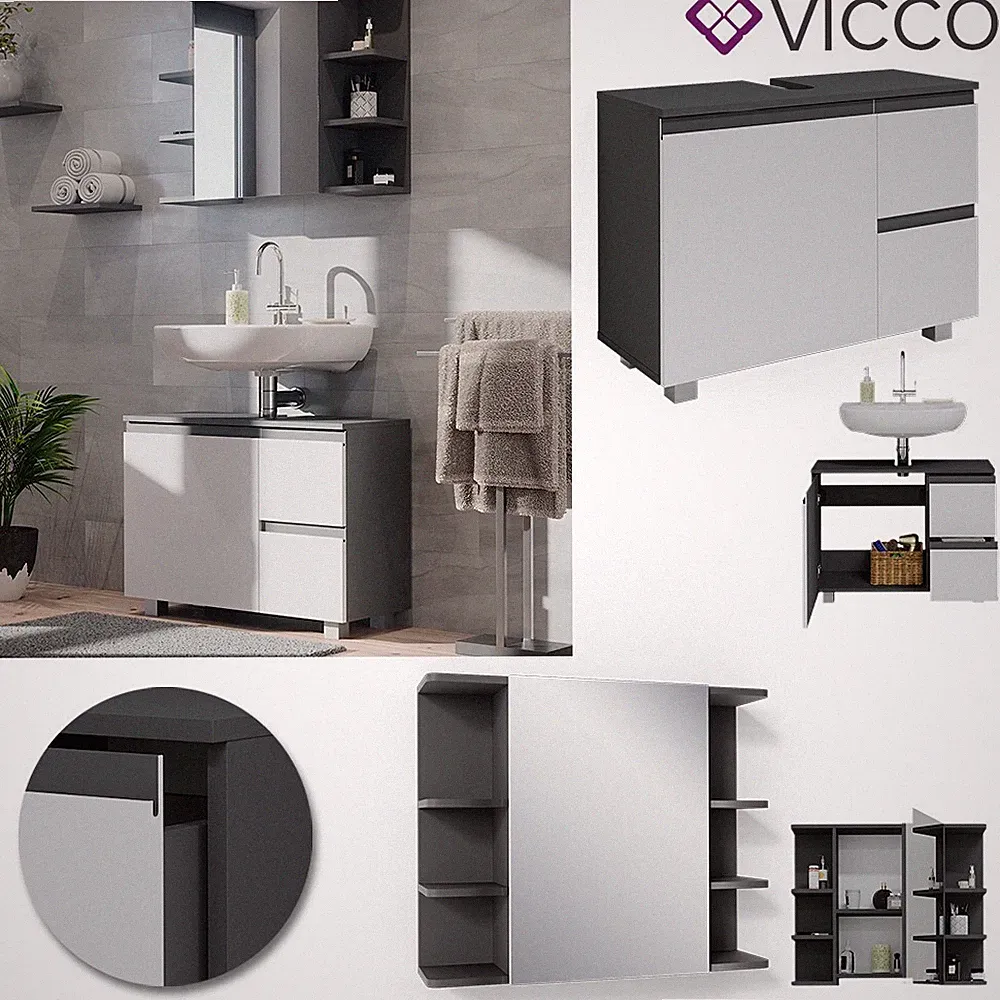 Badmöbelset J-shape Anthrazit Weiß modern Badezimmer Schrank Badschrank Vicco