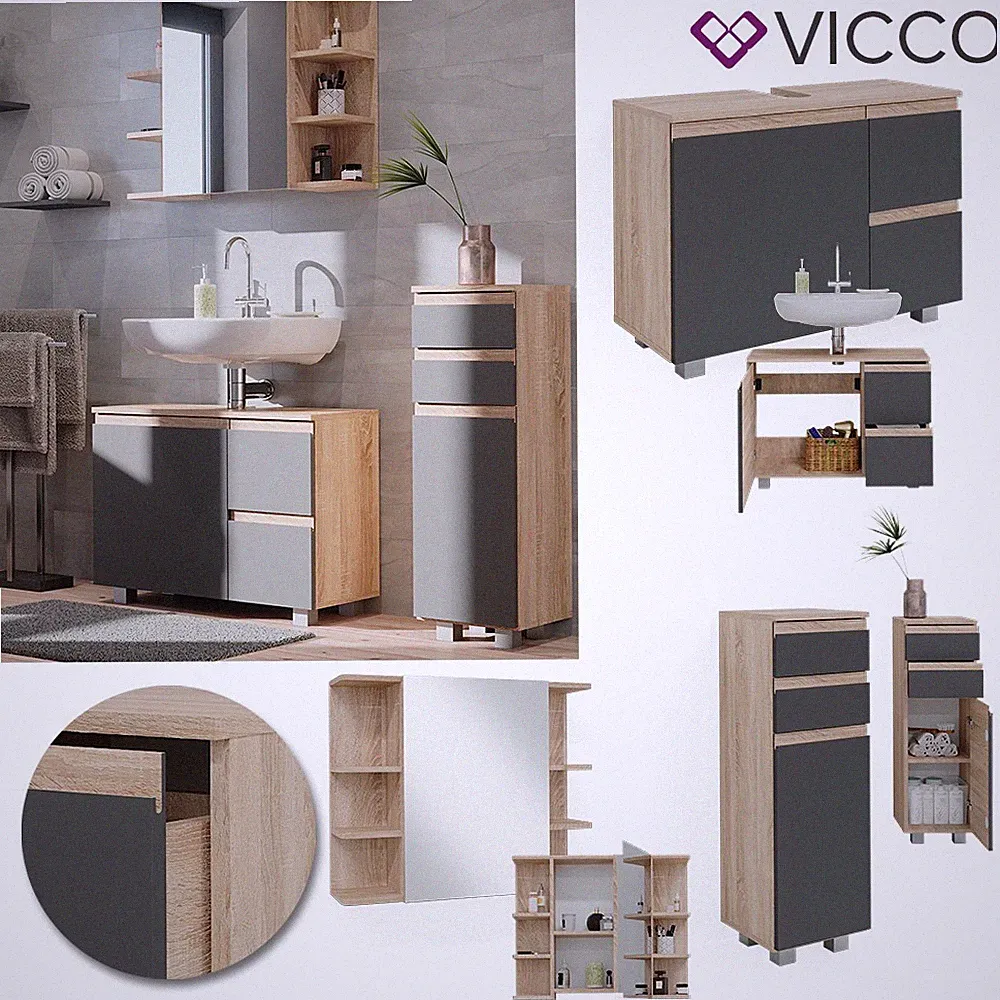 Badmöbelset J-shape Sonoma Anthrazit modern Badezimmer Schrank Badschrank Vicco