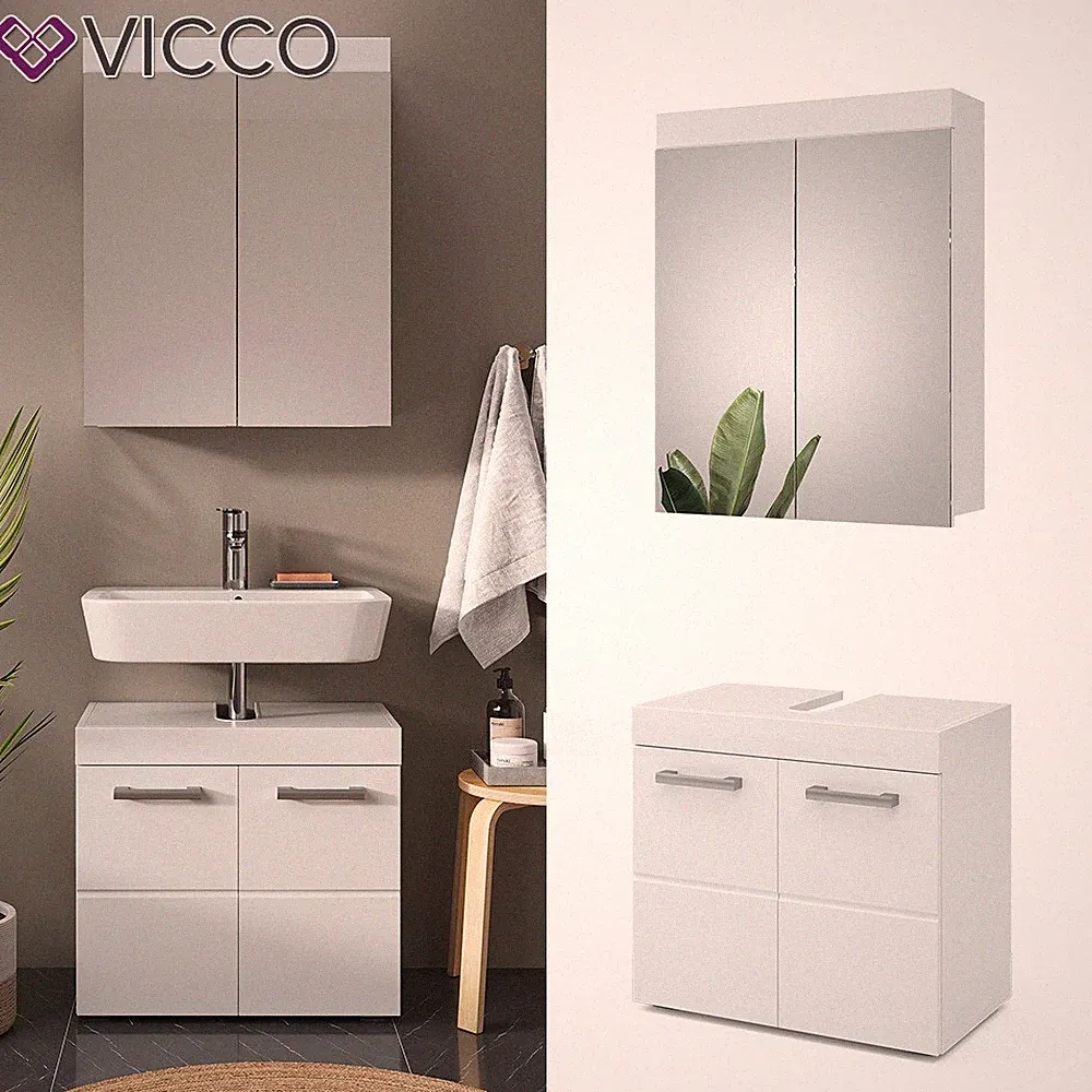 Badmöbelset Luna Weiß Skandi Badezimmerschrank Badschrank Spiegelschrank Vicco