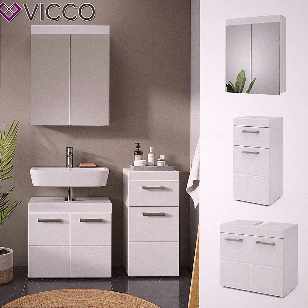 Badmöbelset Luna Weiß Skandi Badezimmerschrank Badschrank Spiegelschrank Vicco