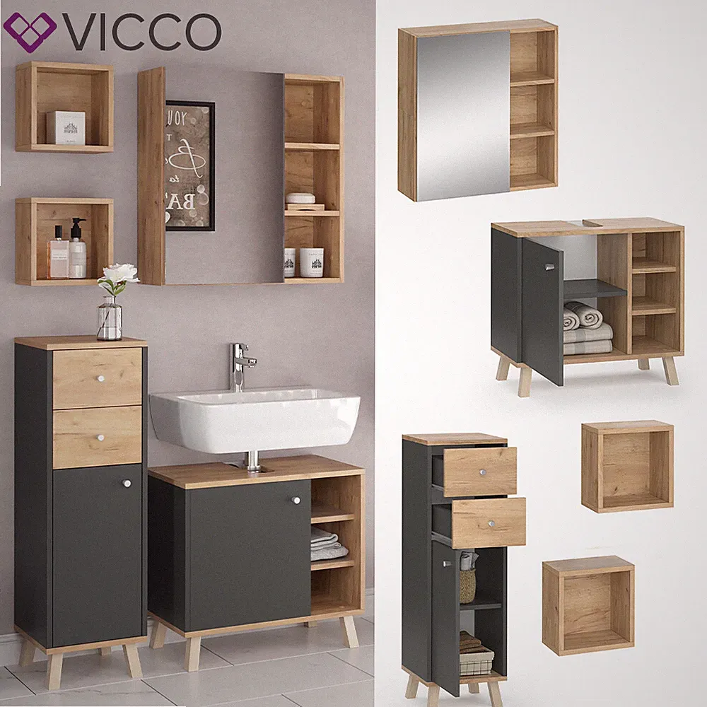 Badmöbelset Midischrank Waschtischunterschrank Spiegelschrank Senyo GK/ANT Vicco