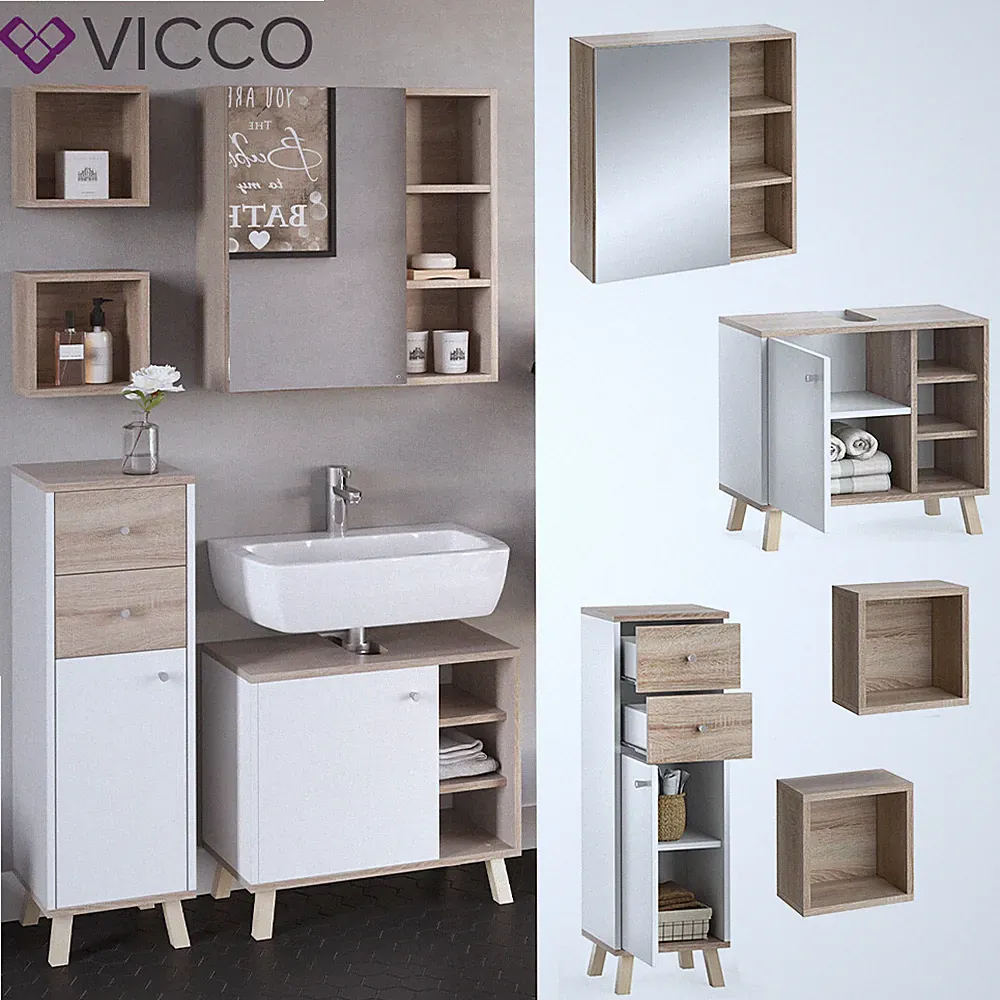 Badmöbelset Midischrank Waschtischunterschrank Spiegelschrank Senyo S/W Vicco