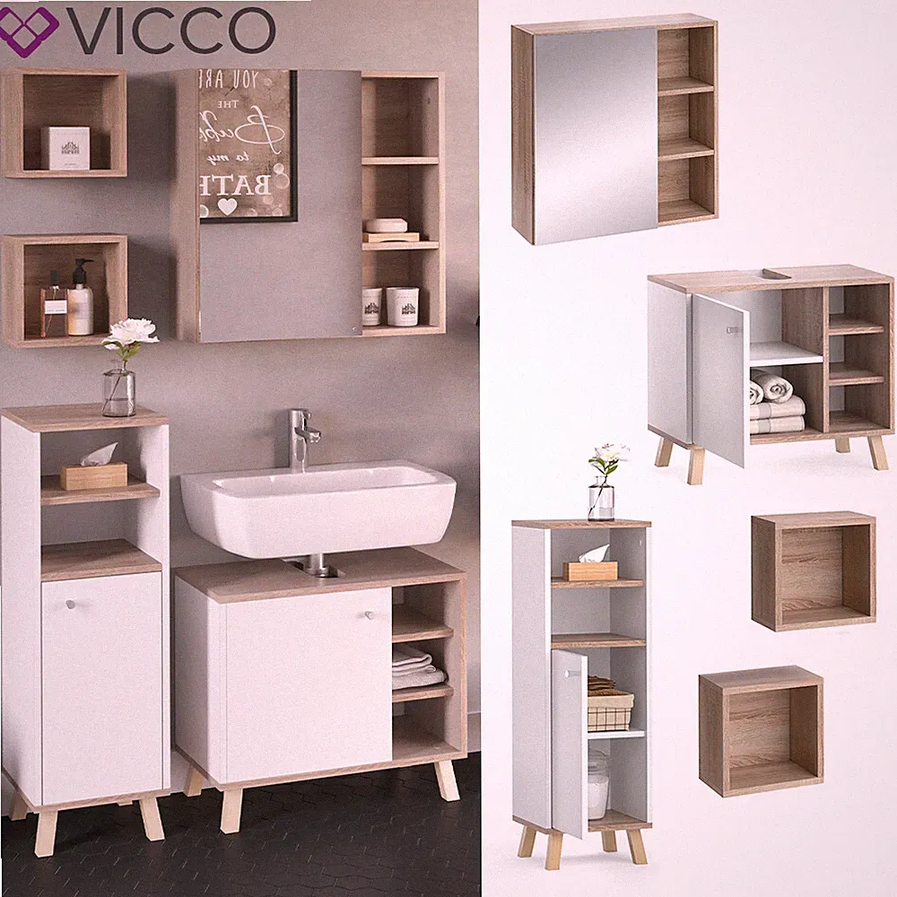 Badmöbelset Midischrank Waschtischunterschrank Spiegelschrank Senyo S/W Vicco