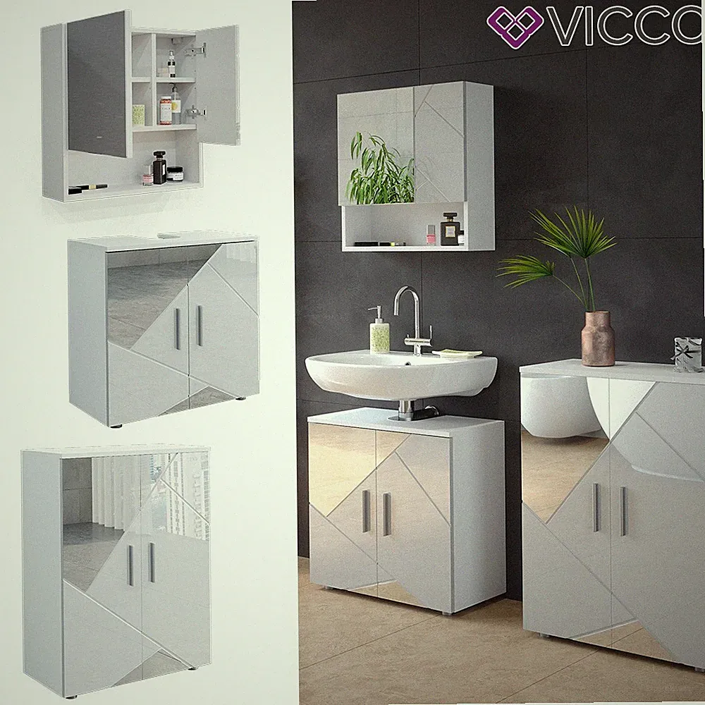 Badmöbelset mit Dekospiegeln Irma Weiß Hochglanz modern Badezimmerschrank Vicco