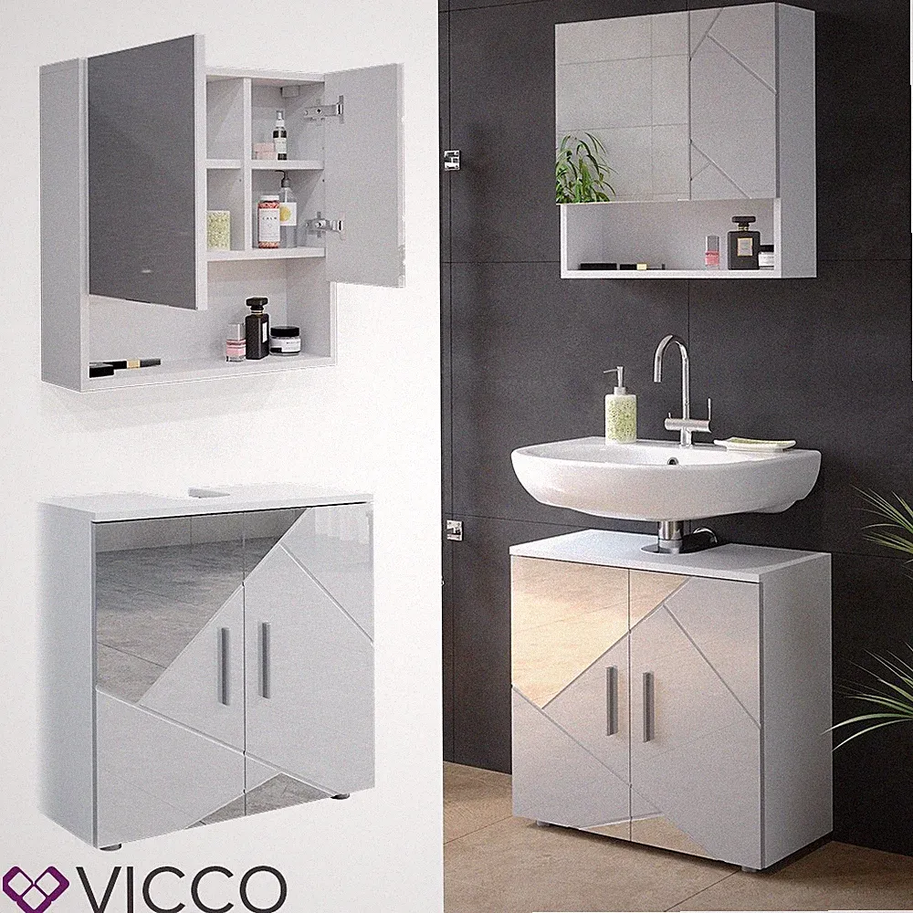 Badmöbelset mit Dekospiegeln Irma Weiß Hochglanz modern Badezimmerschrank Vicco