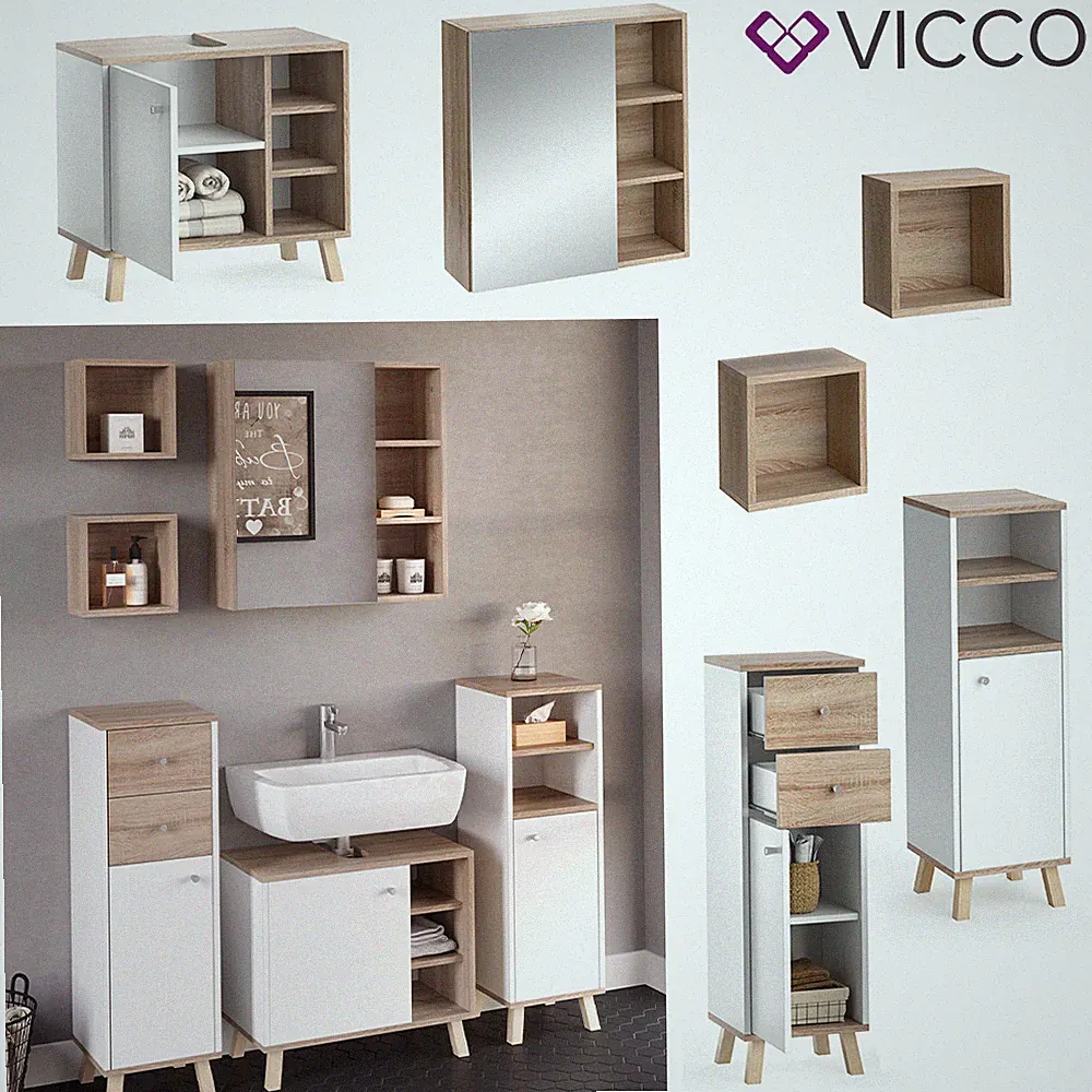Badmöbelset Senyo Spiegel Waschtisch Midischrank Hochschrank Wandregal Vicco