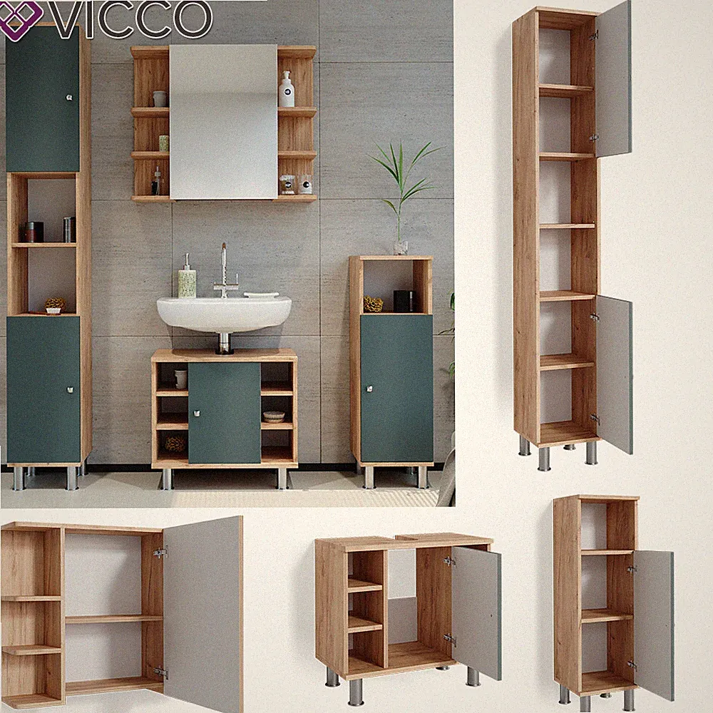 Badmöbelset Spiegelschrank Hochschrank Midischrank Fynn Eiche Grün Vicco