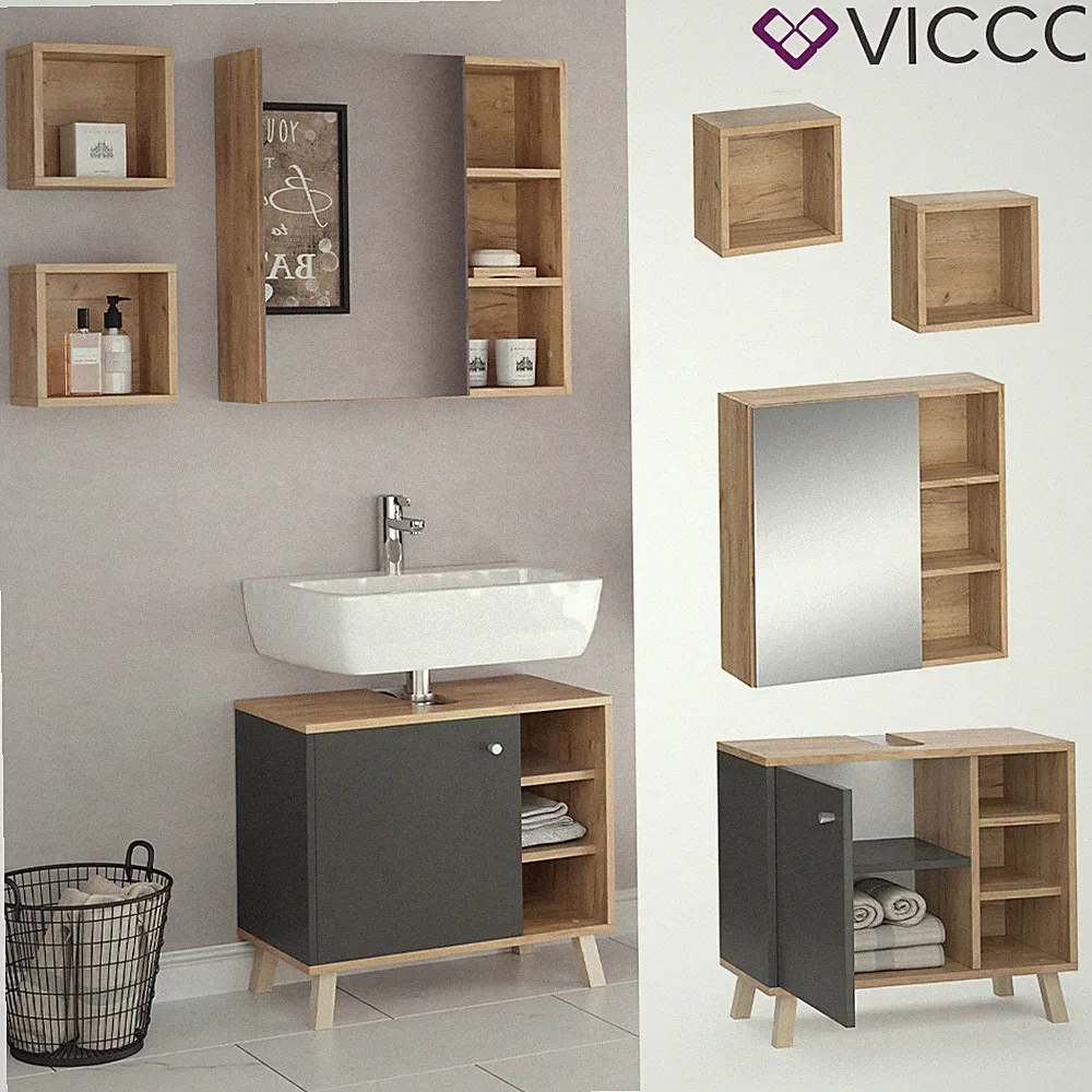 Badmöbelset Spiegelschrank Waschtischunterschrank Wandregal Senyo GK/ANT Vicco