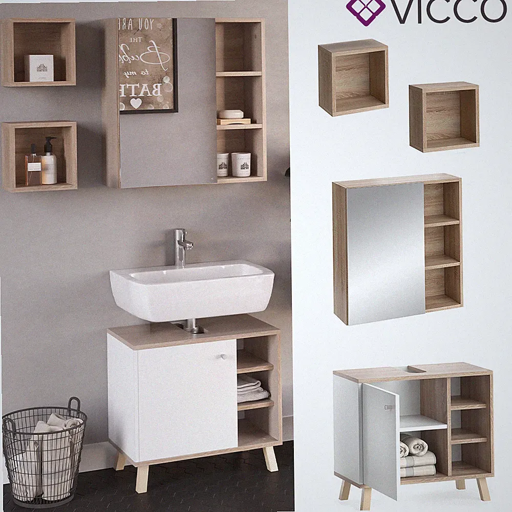 Badmöbelset Spiegelschrank Waschtischunterschrank Wandregal Senyo SON/Wei Vicco
