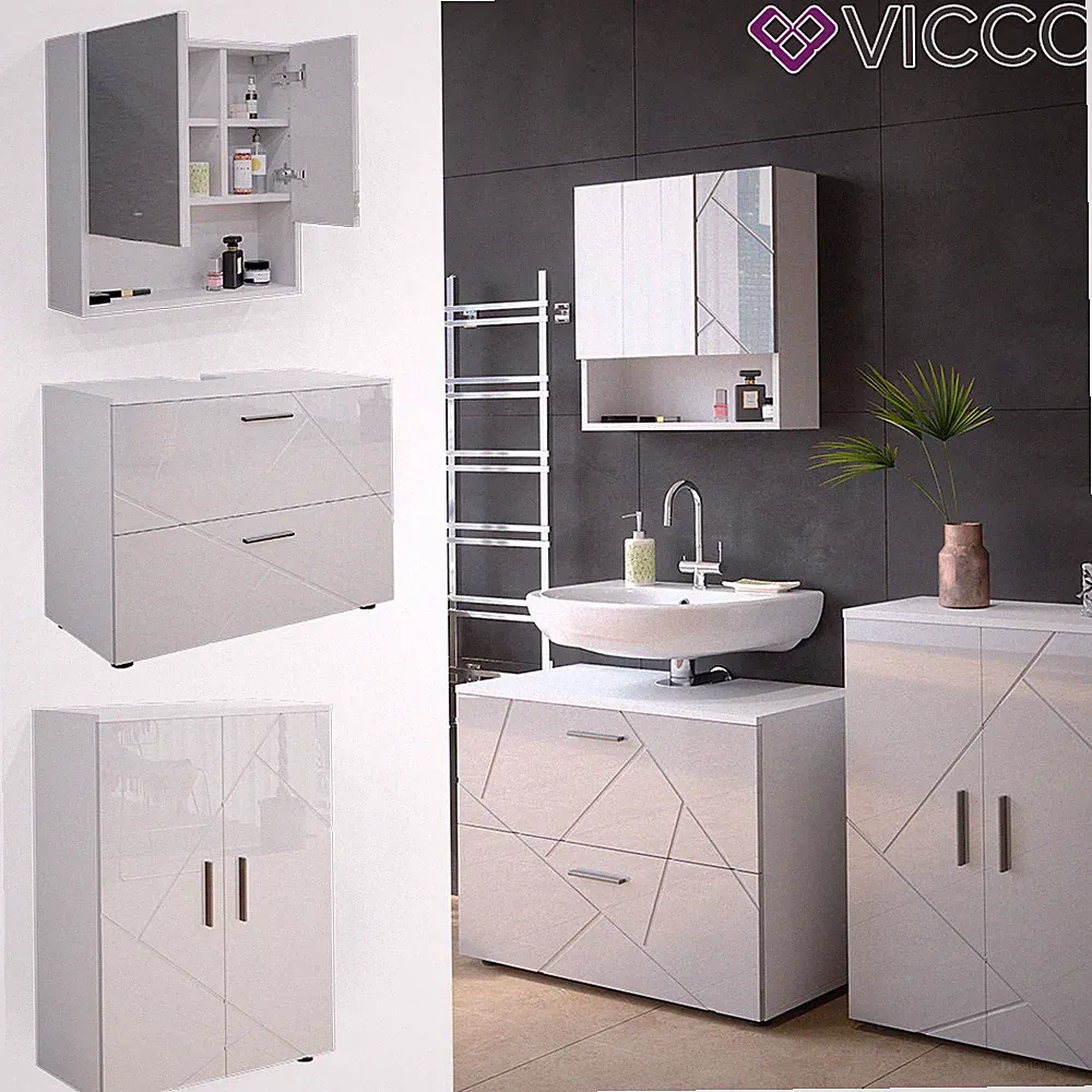 Badmöbelset Unterschrank Spiegelschrank Badschrank Irma Weiß Hochglanz Bad Vicco