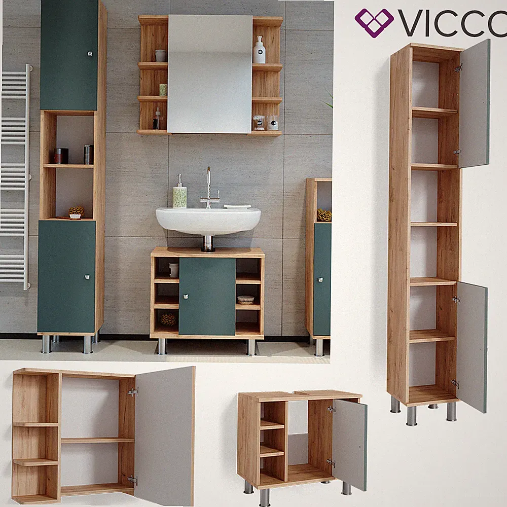 Badmöbelset Unterschrank Spiegelschrank Hochschrank Fynn Eiche Grün Vicco