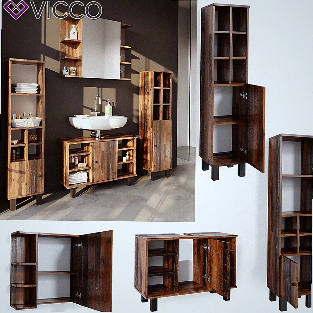 Badmöbelset Waschtischunter 80 cm Spiegelschrank Midischrank mit Tür Fynn Vicco