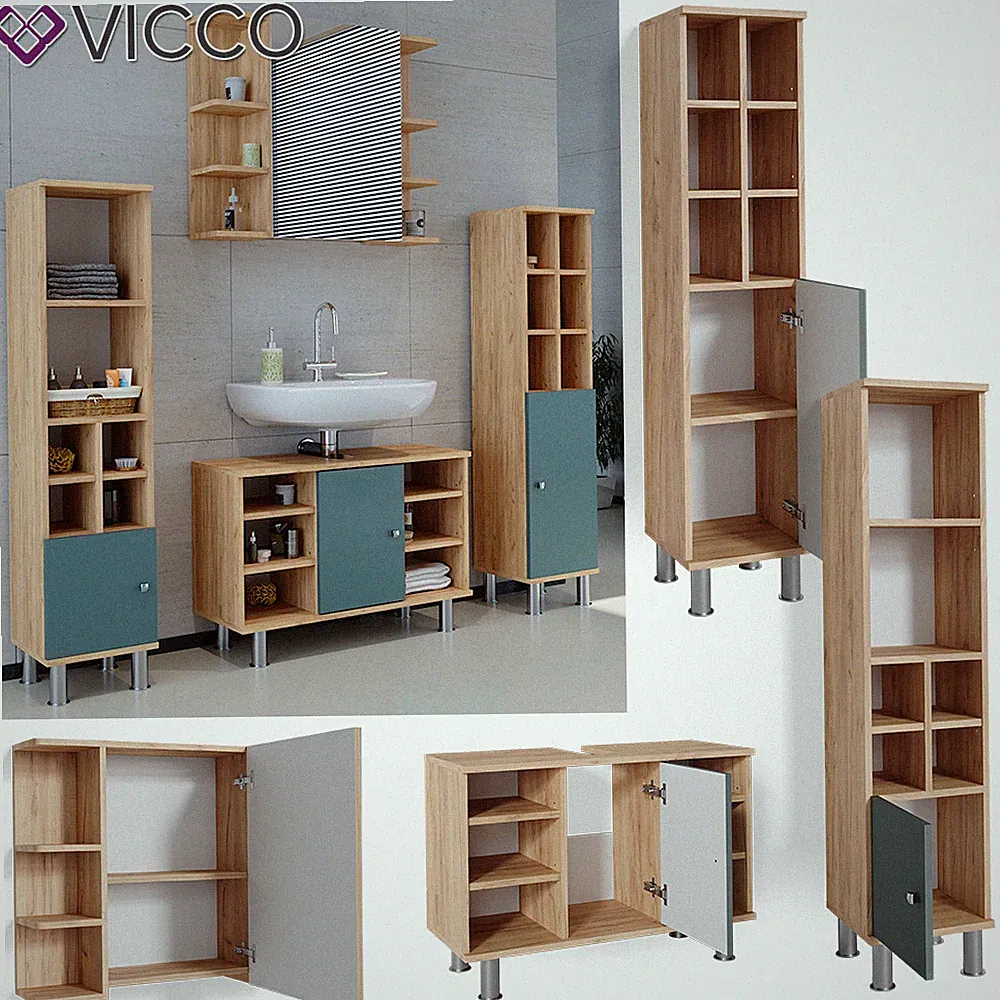 Badmöbelset Waschtischunter 80 cm Spiegelschrank Midischrank Tür Fynn Vicco