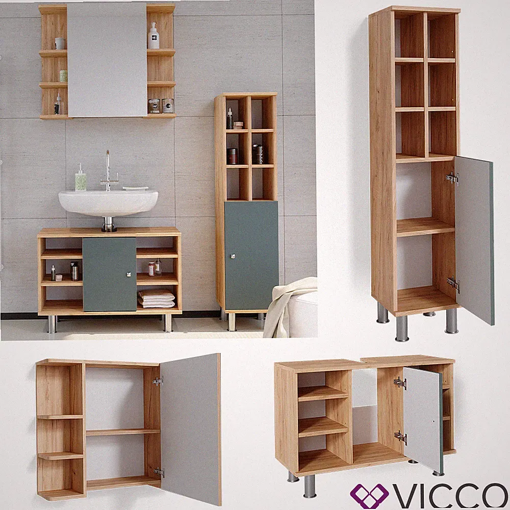 Badmöbelset Waschtischunter 80cm Spiegelschrank Midischrank große Tür Fynn Vicco