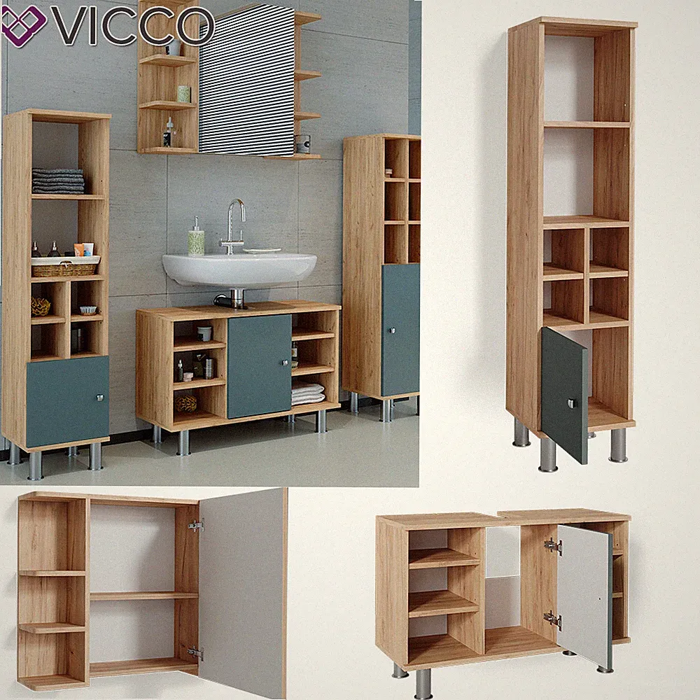 Badmöbelset Waschtischunter 80cm Spiegelschrank Midischrank kl. Tür Fynn Vicco