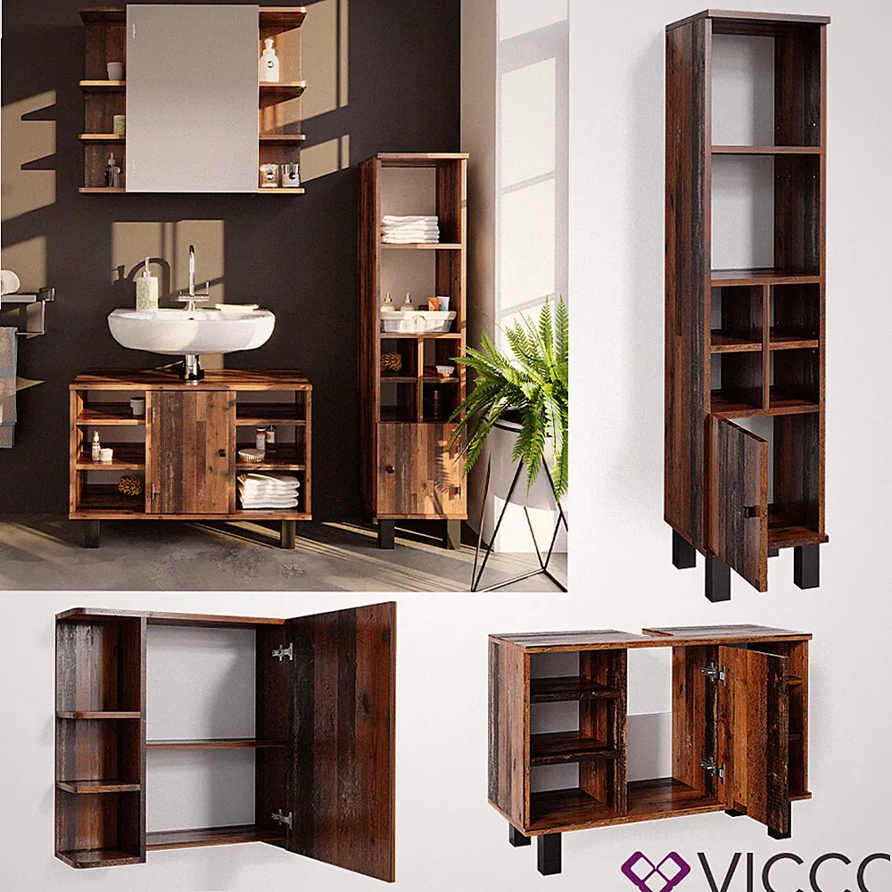 Badmöbelset Waschtischunter 80cm Spiegelschrank Midischrank kl. Tür Fynn Vicco