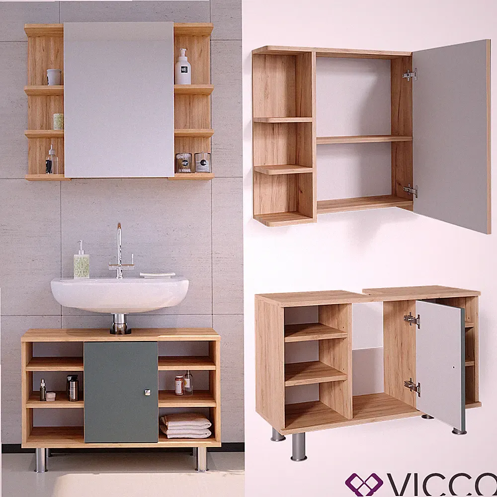 Badmöbelset Waschtischunterschrank 80 cm Spiegelschrank Fynn Eiche Grün Vicco
