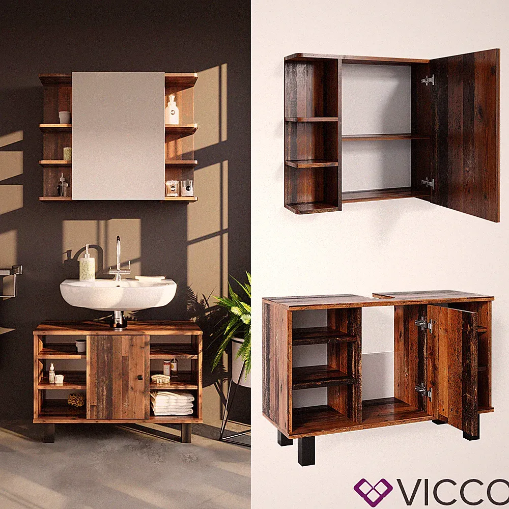 Badmöbelset Waschtischunterschrank 80 cm Spiegelschrank Fynn Old Style Vicco