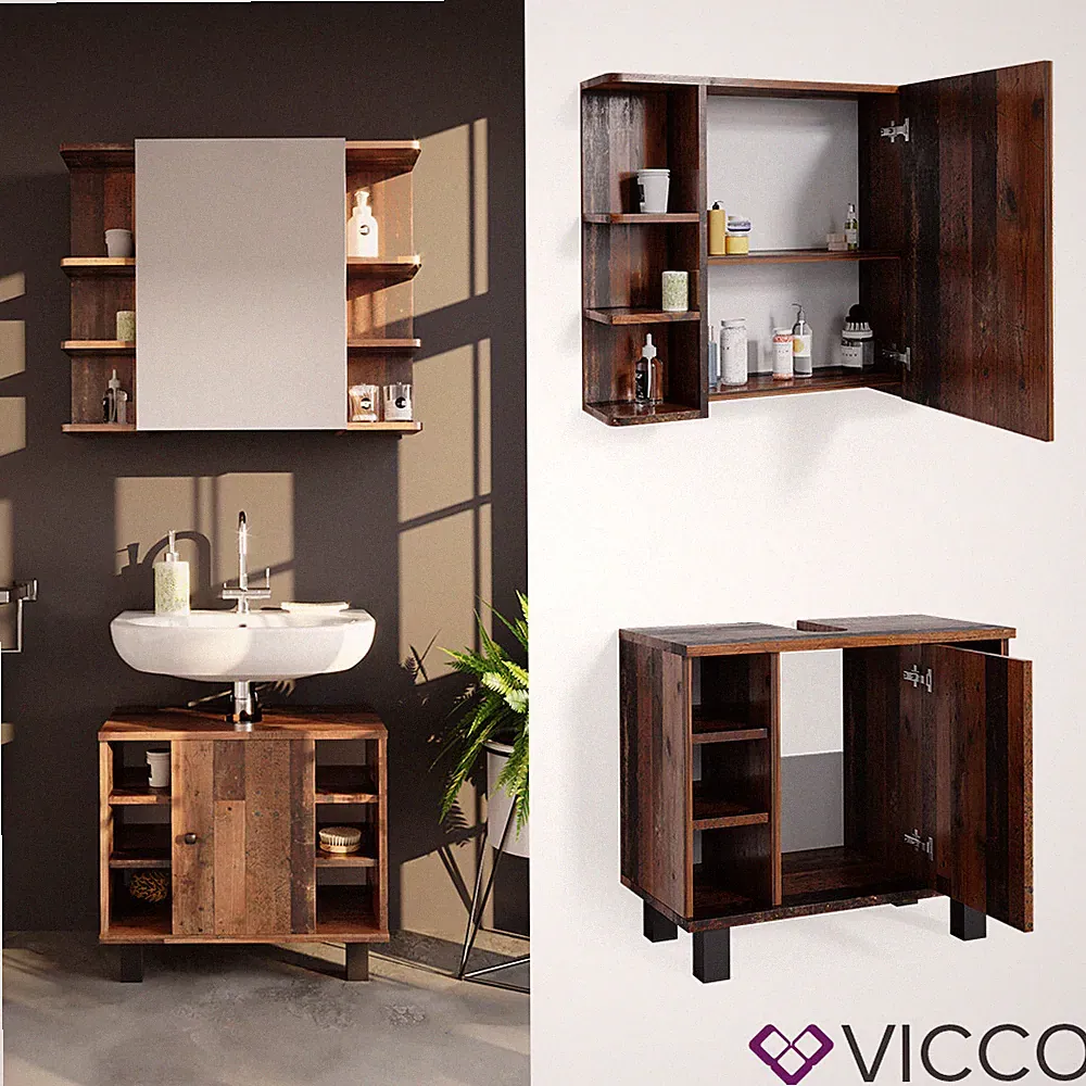 Badmöbelset Waschtischunterschrank Spiegelschrank Fynn Old Style Vicco