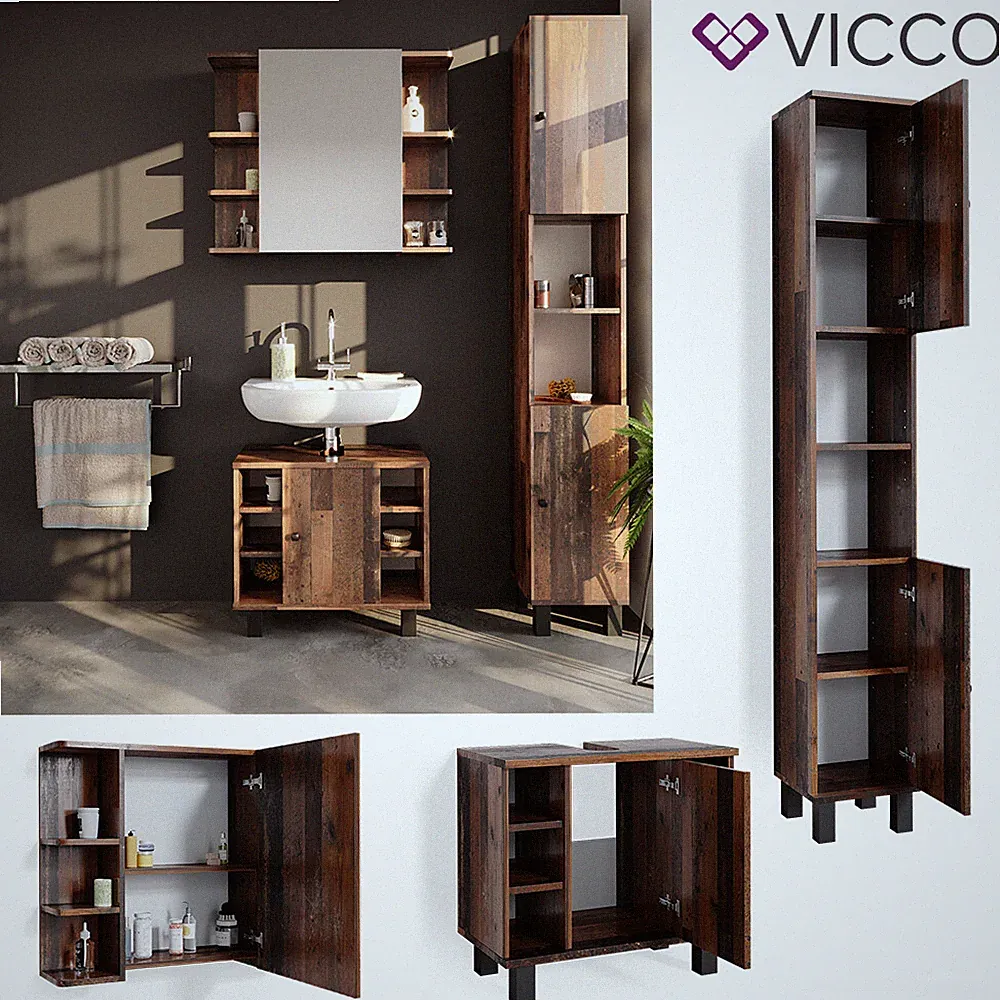Badmöbelset Waschtischunterschrank Spiegelschrank Hochschrank Fynn Vicco