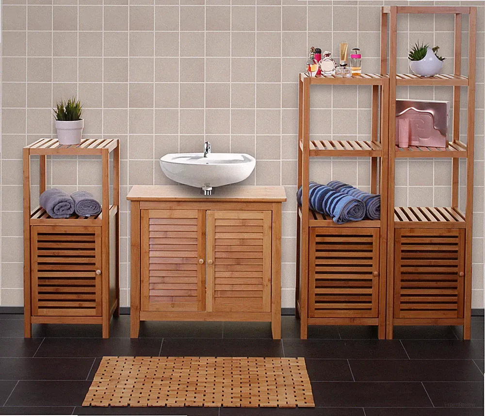 Badregal HWC-B18, Badset Badmöbel Badezimmer Badschrank Badregal mit Tür, Bambus