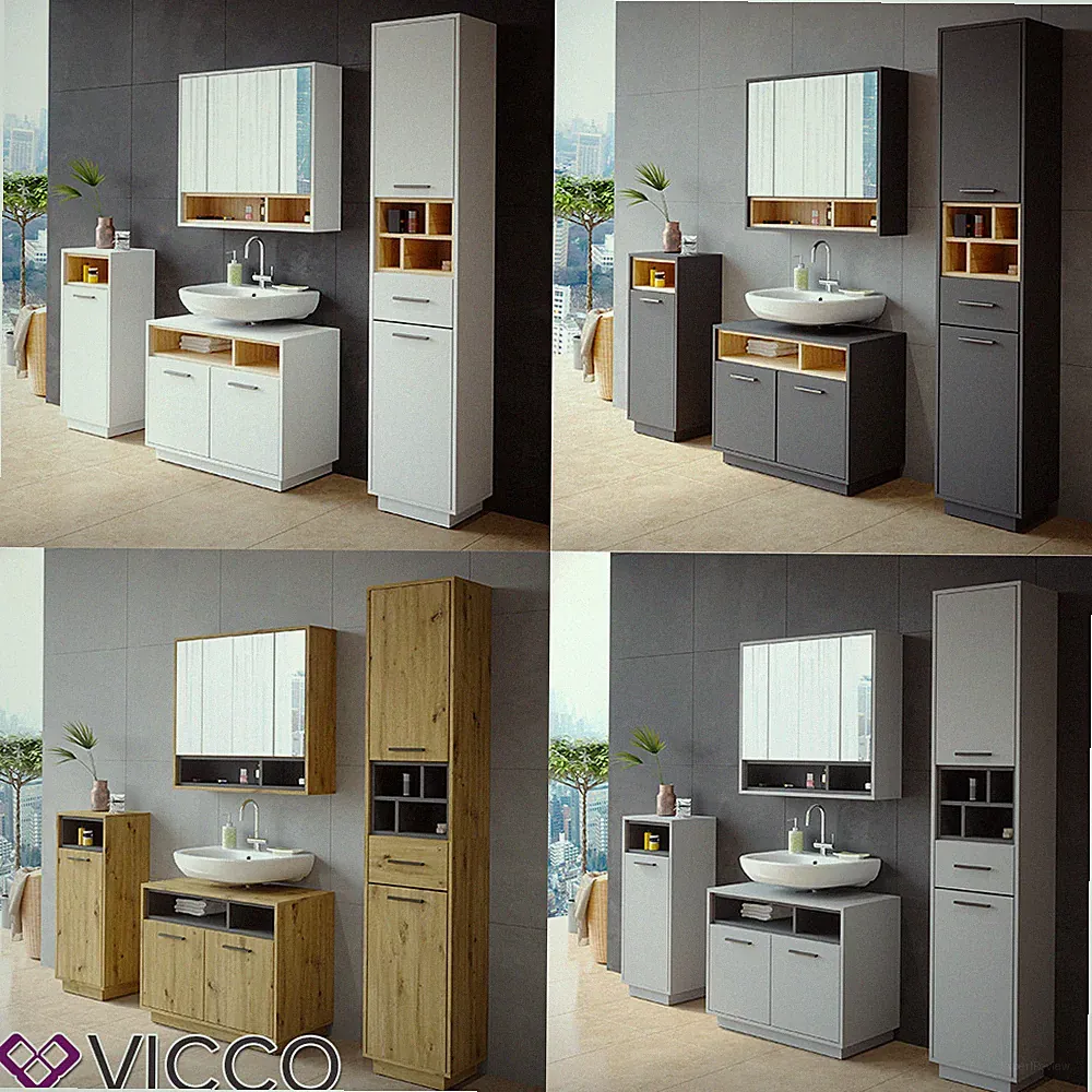 Badschrank Badezimmermöbel Beatrice Eiche Anthrazit modern Badspiegel Vicco