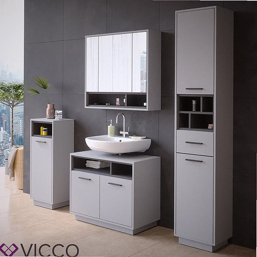 Badschrank Badezimmermöbel Beatrice Grau Anthrazit modern Badspiegel Vicco