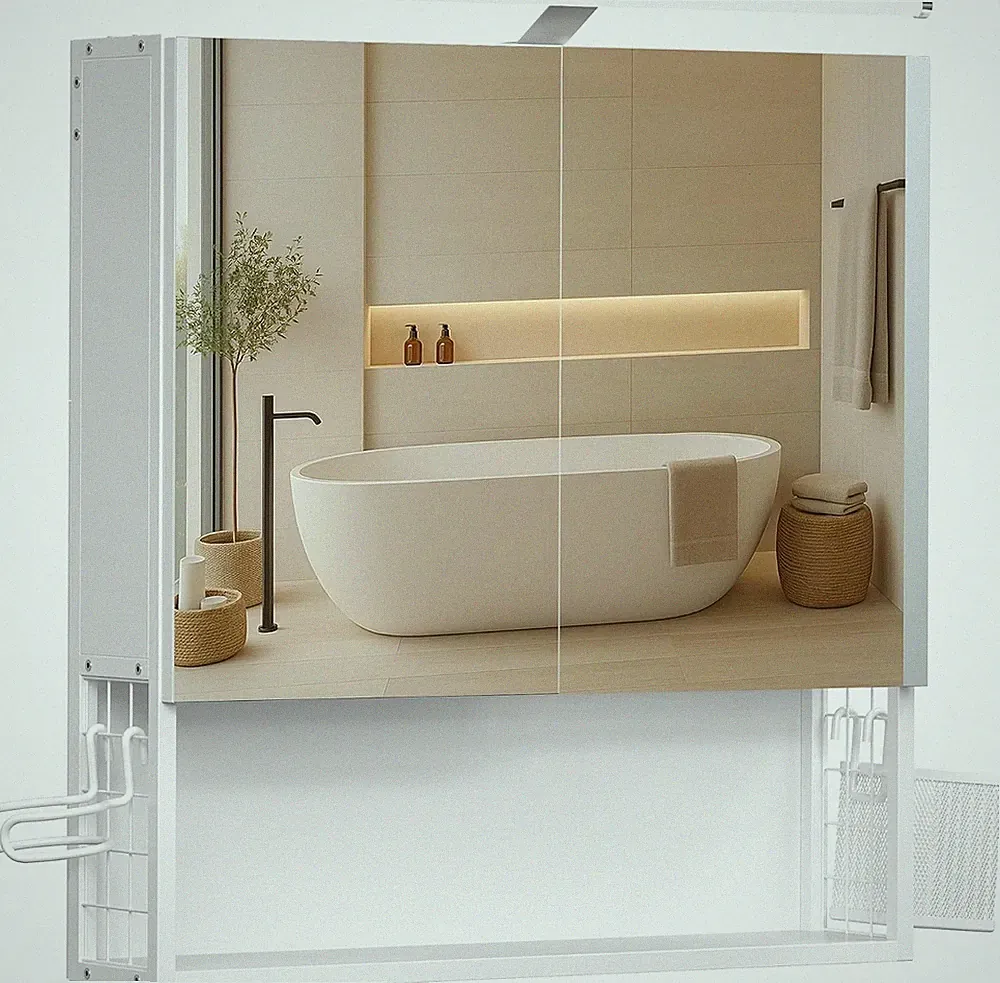 Badschrank mit Beleuchtung 2 Spiegeltüren Wolkenweiß 13x