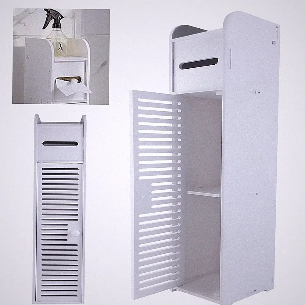 Badschrank schmal mit Toilettenpapierhalter, 2 Fächer und