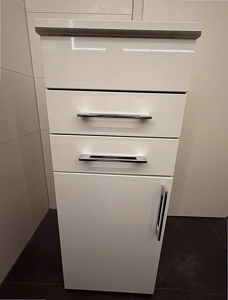 Badschrank / Schminktisch Weiß/Braun mit Spiegel, 2 Schubladen, Flügeltür
