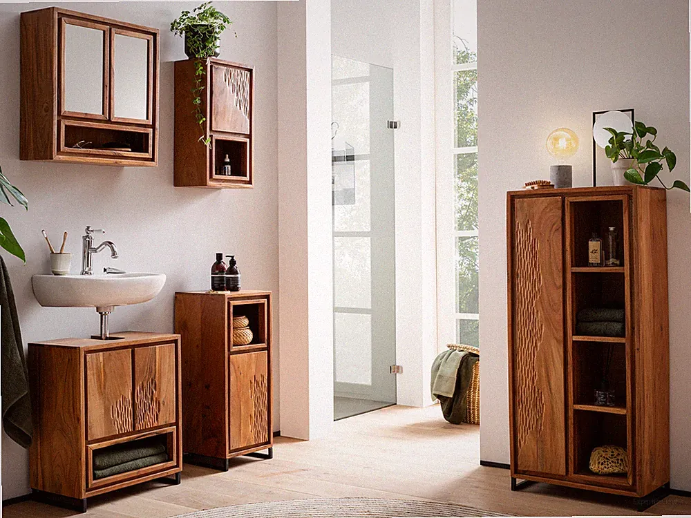 Badset Maddox 5-teilig Akazienholz 5-teilig Schränke für kleines Bad Badmöbel