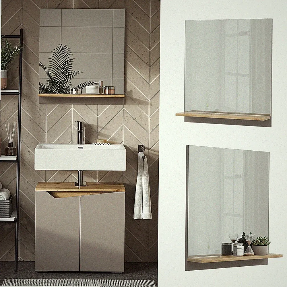 Badspiegel Marelle Greige Eiche 60 x 67 cm mit Regal Vicco