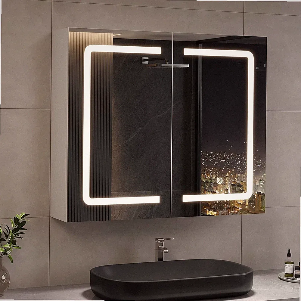 Badspiegelschrank mit LED Beleuchtung und Steckdose, 70 cm, 2 Türen