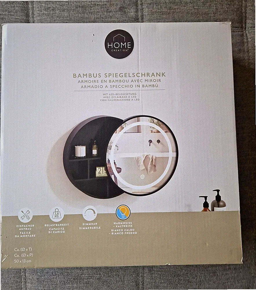 Bambus Spiegelschrank rund LED dimmbar schwarz 50x13cm