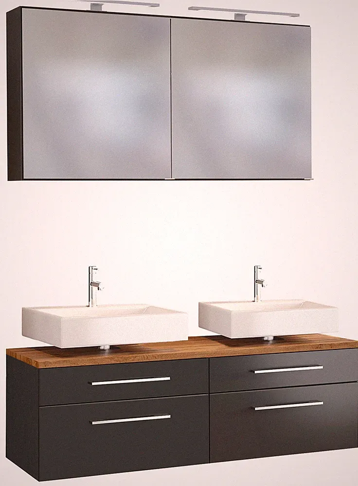 Basera® Badmöbel Set Avola 120 cm breit anthrazit inkl. LED-Spiegelschrank un...
