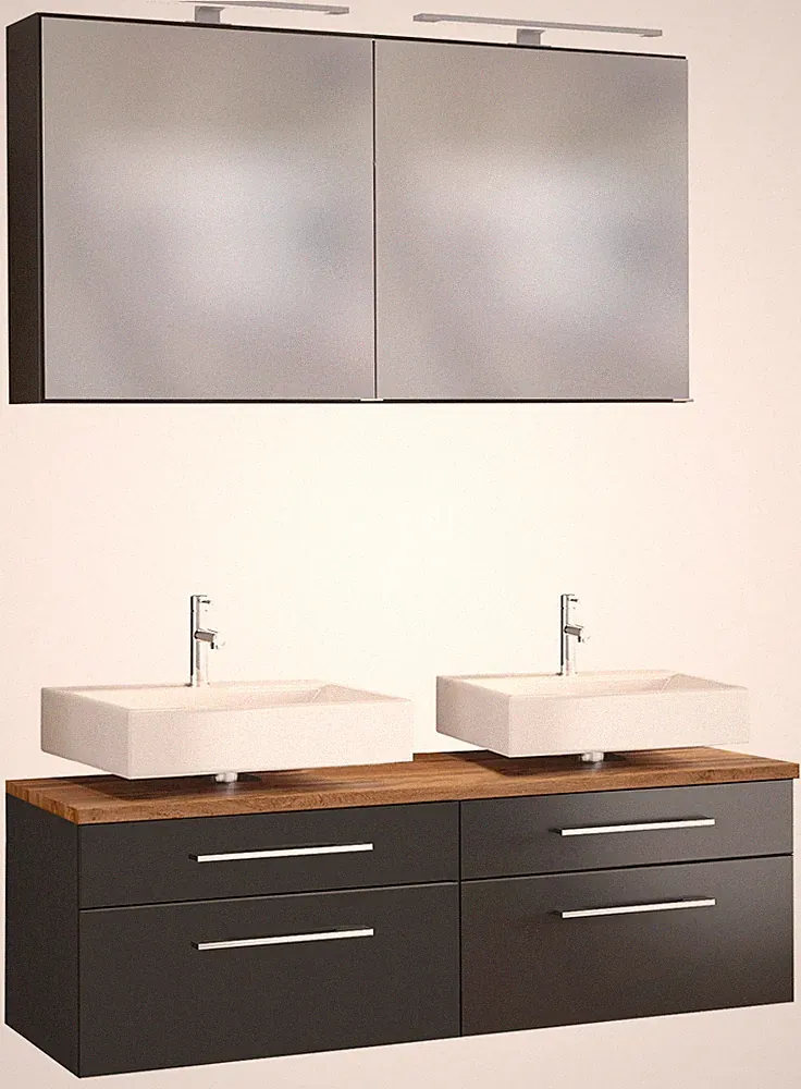 Basera® Badmöbel Set Avola 120 cm breit anthrazit inkl. LED-Spiegelschrank un...