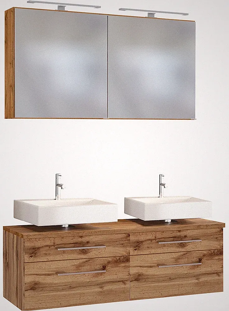 Basera® Badmöbel Set Avola 120 cm breit Wotaneiche inkl. LED-Spiegelschrank u...