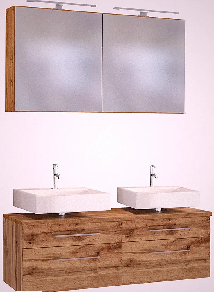 Basera® Badmöbel Set Avola 120 cm breit Wotaneiche inkl. LED-Spiegelschrank u...