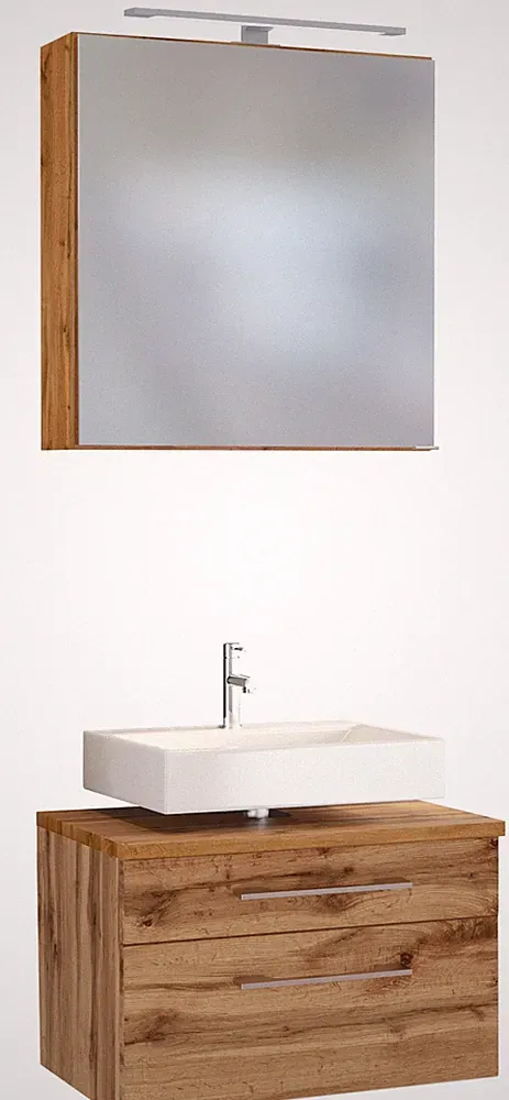 Basera® Badmöbel Set Avola 60 cm breit Wotaneiche inkl. LED-Spiegelschrank un...