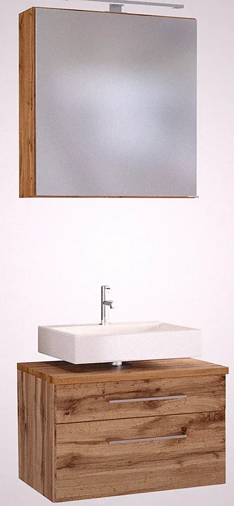 Basera® Badmöbel Set Avola 60 cm breit Wotaneiche inkl. LED-Spiegelschrank un...