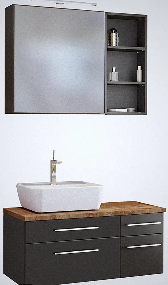 Basera® Badmöbel Set Avola 90 cm breit anthrazit inkl. LED-Spiegelschrank Hän...