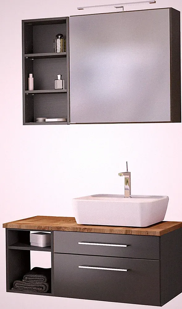 Basera® Badmöbel Set Avola 90 cm breit anthrazit inkl. LED-Spiegelschrank Hän...