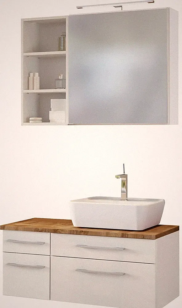Basera® Badmöbel Set Avola 90 cm breit weiß inkl. LED-Spiegelschrank Hängereg...