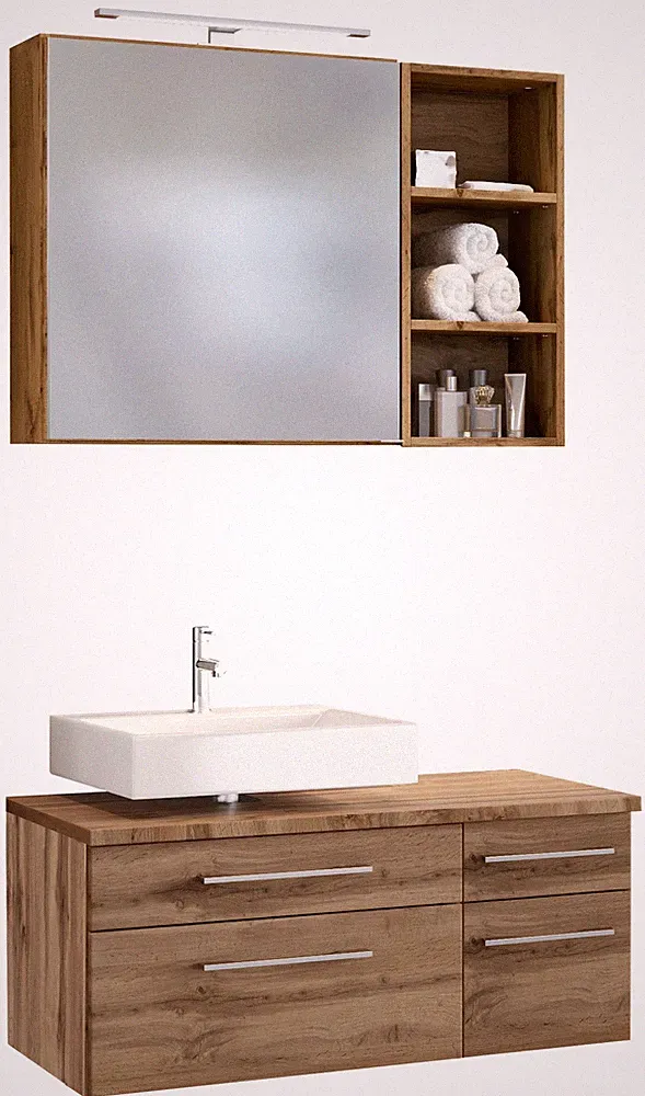 Basera® Badmöbel Set Avola 90 cm breit Wotaneiche inkl. LED-Spiegelschrank Hä...
